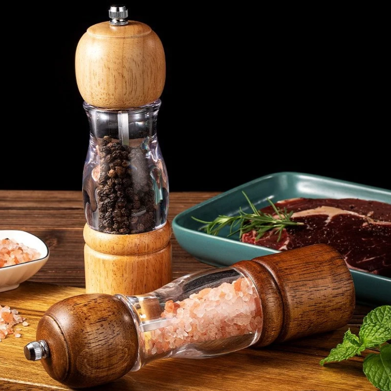 Home Camping Seasoning Bottle Wooden Salt Pepper Mill Grinder With Wooden Base set