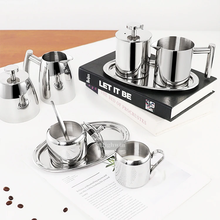 HIGHWIN New Arrival Sugar and Creamer Set Sugar Bowl with Lid and Spoon Stainless Steel Coffee Serving Set