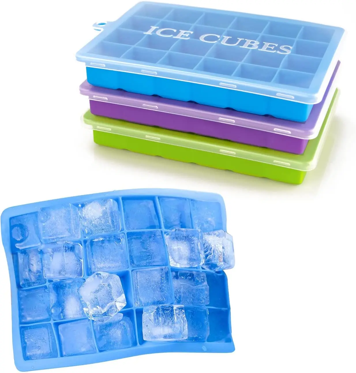 Easy-Release Flexible Silicone Ice Cube Molds Food Grade Plastic Lid Ice Trays Mini Tray for Freezer Use