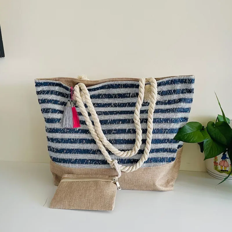 Wholesale Custom Large Beach Bag Fashion Personalized Tote Bag Striped Canvas Beach Bag