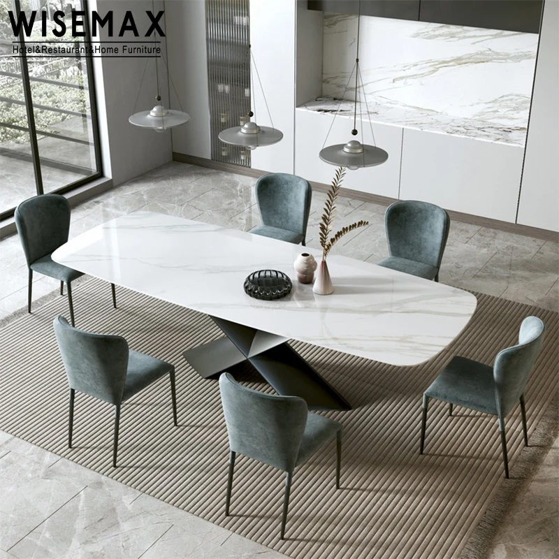 WISEMAX FURNITURE modern living room furniture light luxury slated board top with stainless steel X shape base dining table