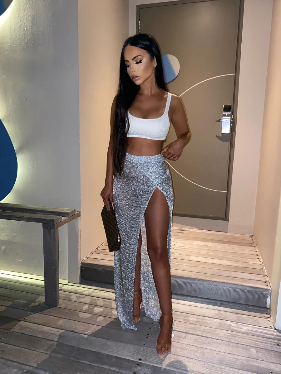 High Waist Sexy Split Fork Long Skirts Shiny Metallic Dress  maxi Skirt women