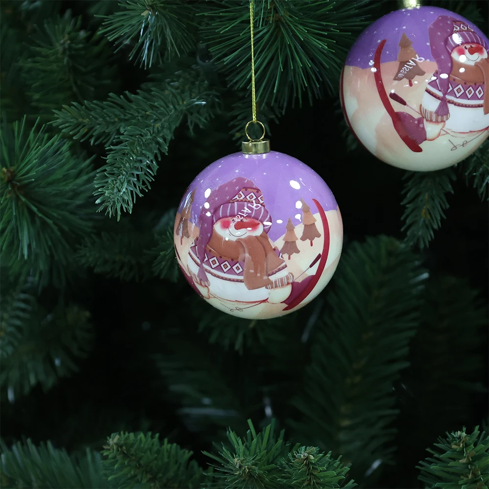 Purple Cartoon Pattern Poly Foam Christmas Ball With Gold Cap Christmas Tree Hanging Decoration Christmas Ball Gift Box Set