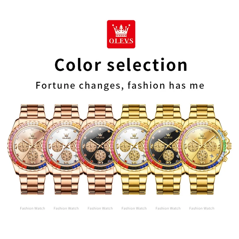 OLEVS 2939 Depth Waterproof Rainbow Bezel Quartz Watch Hot Selling Stainless Steel High End Dull Polish Band Wrist Watch For Men