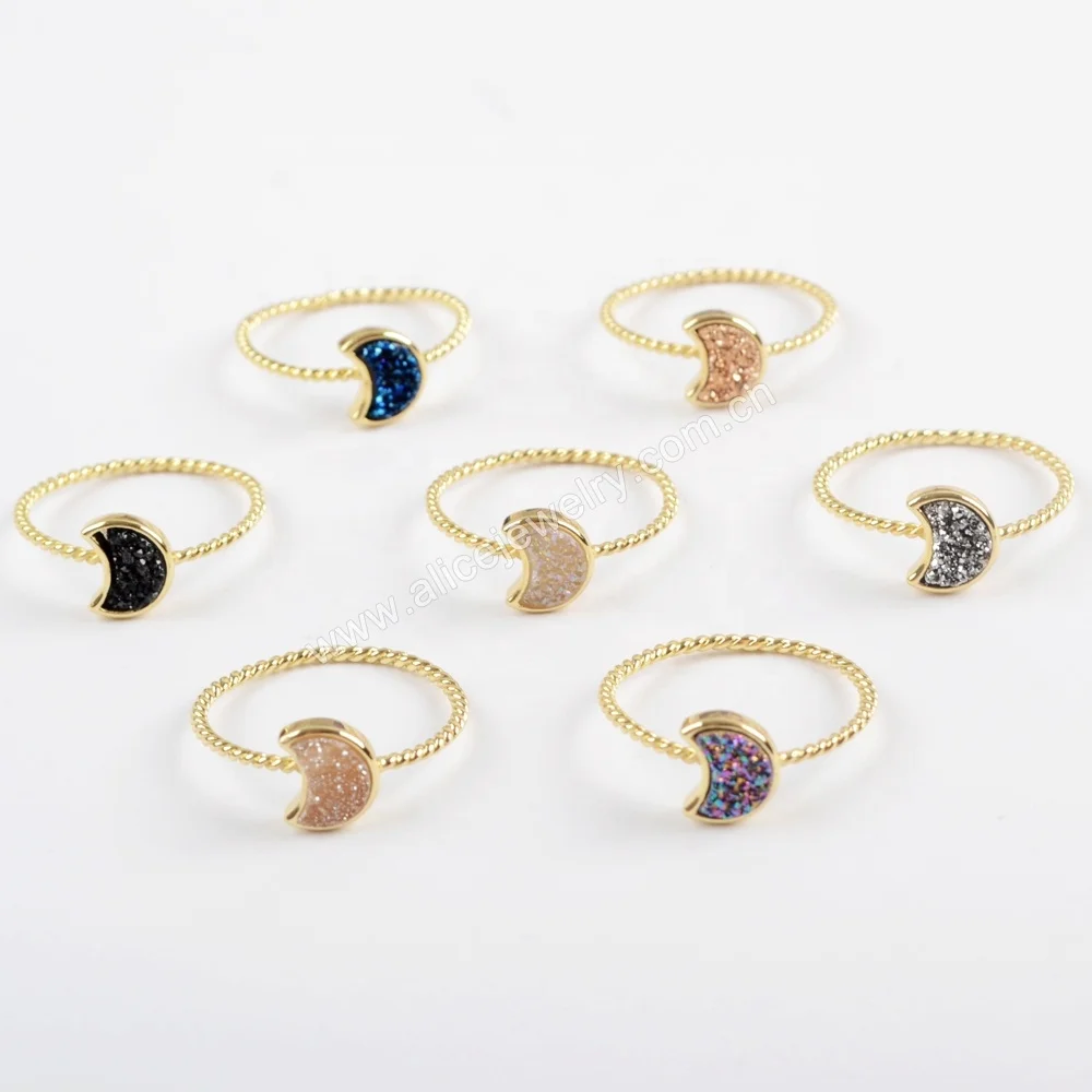 ZG0295 Hot Sales Crescent Gold Plated Natural Agate Titanium Rainbow Druzy Bezel Ring Moon Ring Jewelry