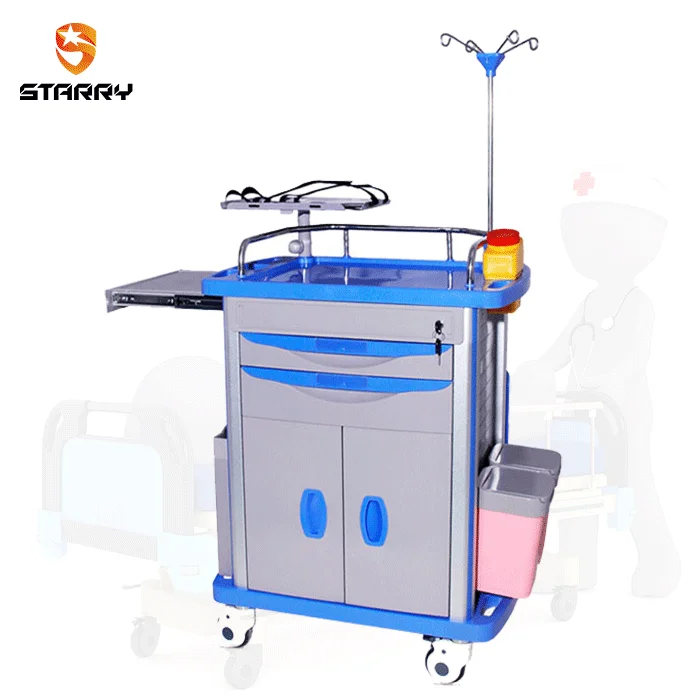 Medicine Cart ABS plastic top board 4 aluminum columns 5 drawers 4 noiseless castors medical emergency trolley