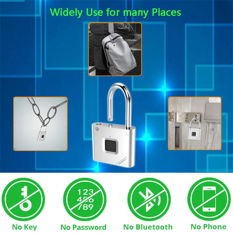 Fingerprint Lock Smart Padlock Thumbprint Door Padlocks Portable Anti-Theft Fingerprint Lock for Bag Drawer Suitcase