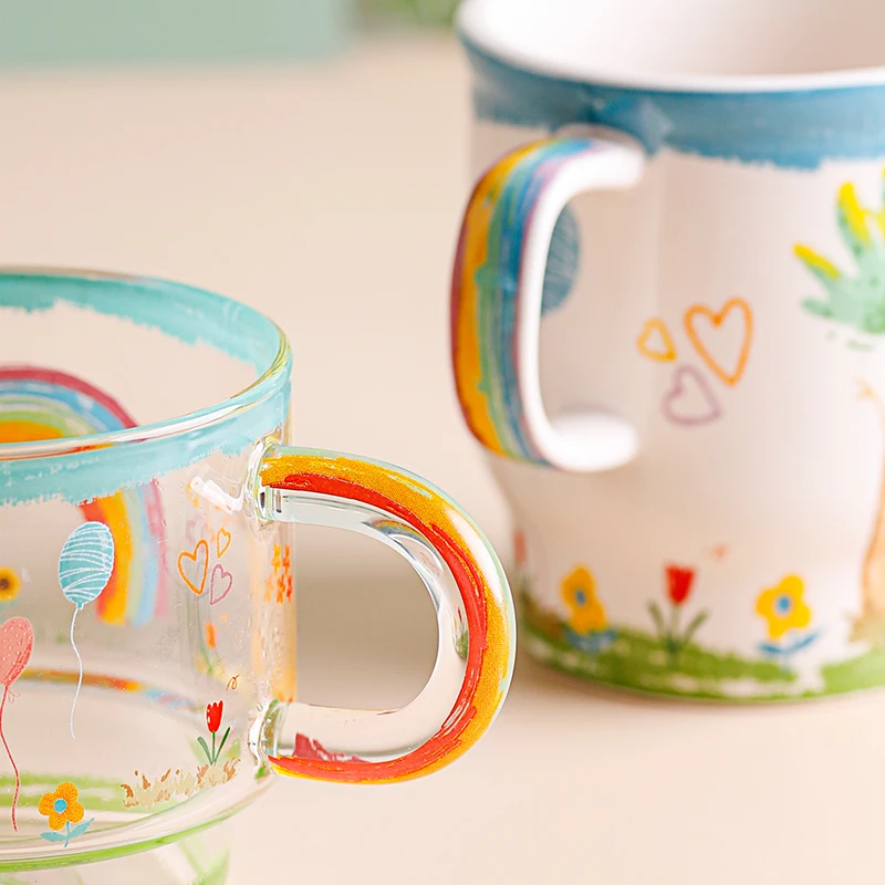 Ceramic Milk Drinking Cup Heat Resistant Borosilicate Glass Breakfast Coffee Mug With Spoon