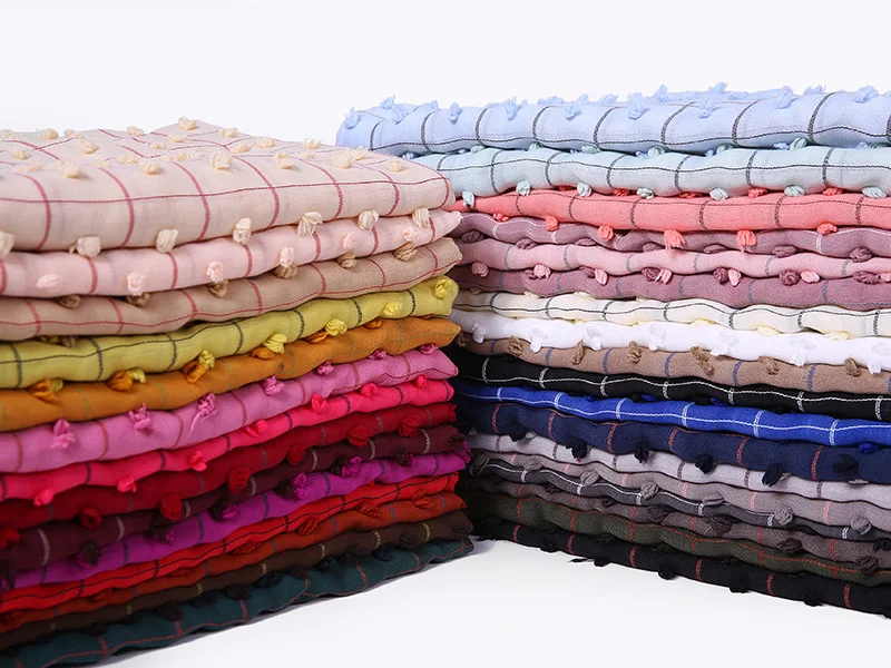 Dubai Grid Cotton Scarf Hijab New Shade Collection Fuzzy Ball Cotton Hijab Shawl