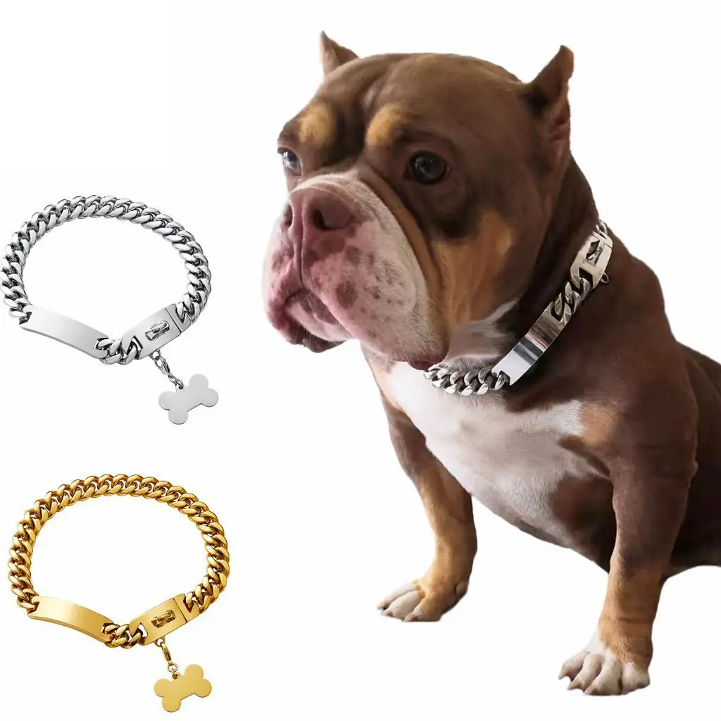 2023 Amazon Wholesale New Style Customized Pet ID Tag Cuban Chain 18mm Metal Pitbull Dog Collars Collar Gold