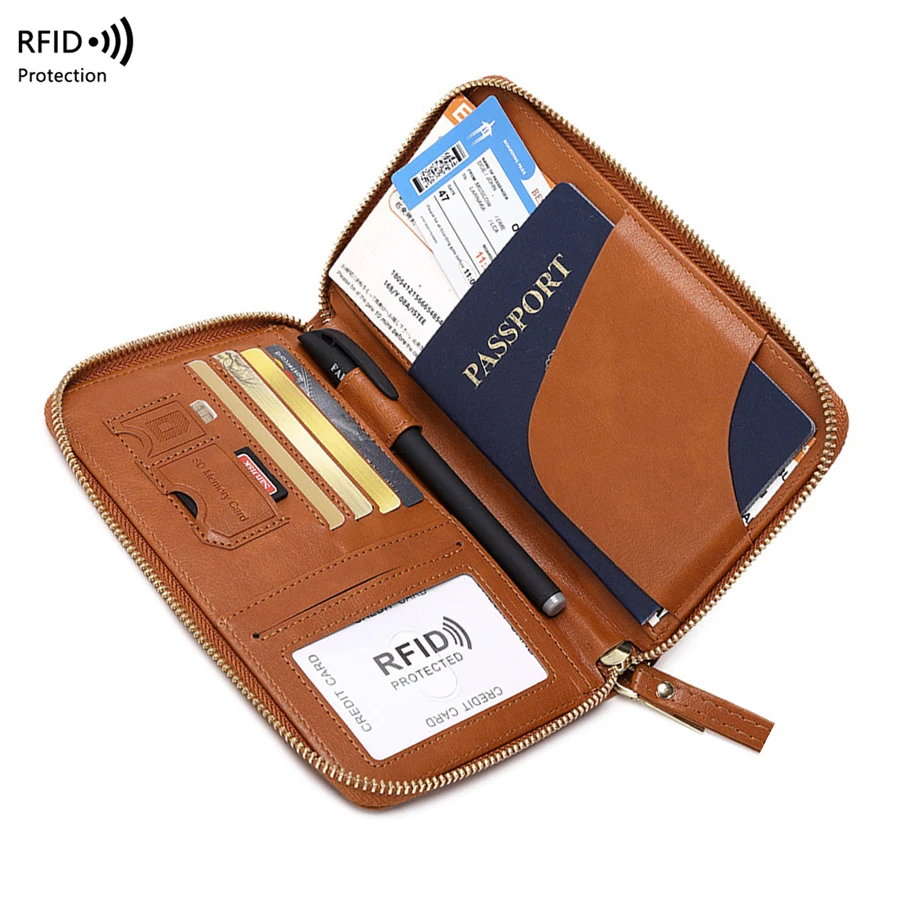 Friendly Genuine Leather Travel Document Organizer Wrist Strap Lightweight Passport Cover Case with Sim Card Holder Eject Pin