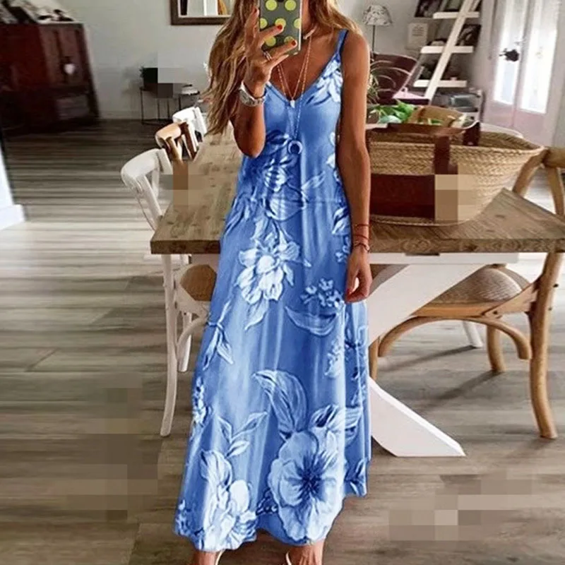 Bohemian Slip Dress Summer Sleeveless Backless Floral Casual Maxi Dress Sundresses For Women