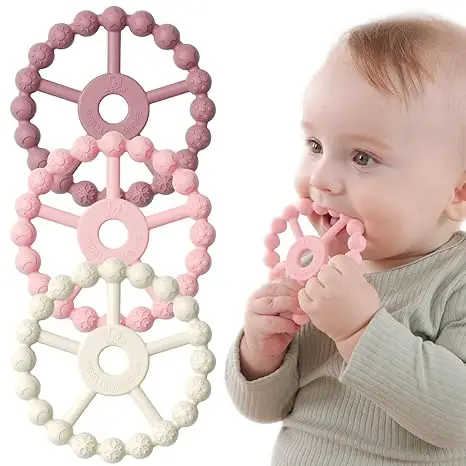 Easy to Grasp Toy for Baby Teething Relief 3 Pack Ring Teether Silicone Teething Ring Toys for Babies 0-6 6-12 12-24 Months