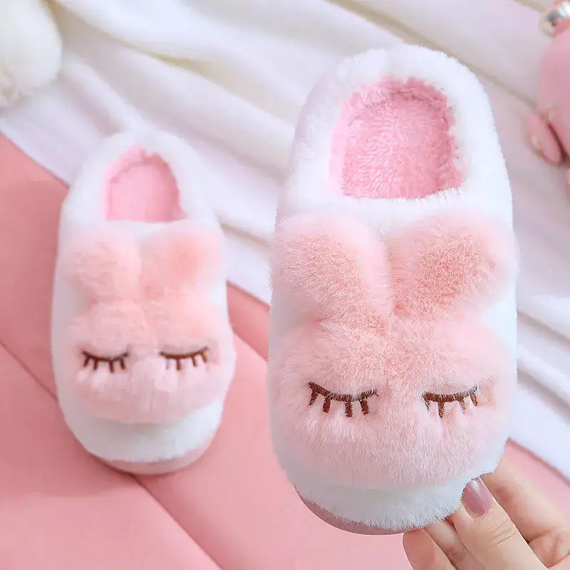 Wholesale Fashion Cute Animal Style Rabbit Fluffy Warm Unisex Anti Slip Soft Kids Slippers For Winter Indoor House Home
