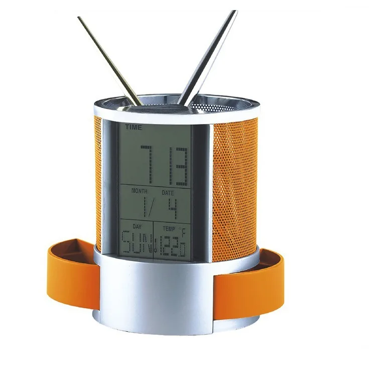 Factory wholesale custom table clock with pen holder pen holder with digital clock pen holder with clock and thermometer