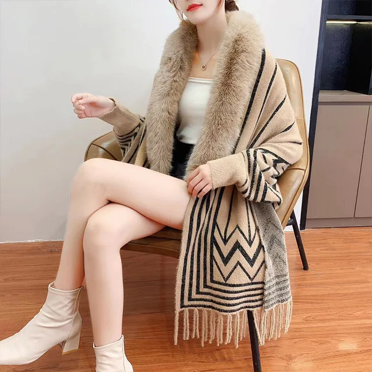 2023 Autumn Fashion lady ful collar elevated cape geometry cape knit warm noblewoman sweater shawl