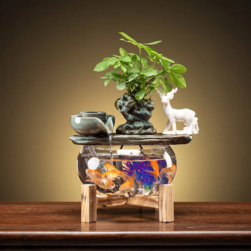 Creative Glass Fish Tank Living Room Desktop Circulation Flowing Ornaments Mini Waterfall Water Fountain with Light
