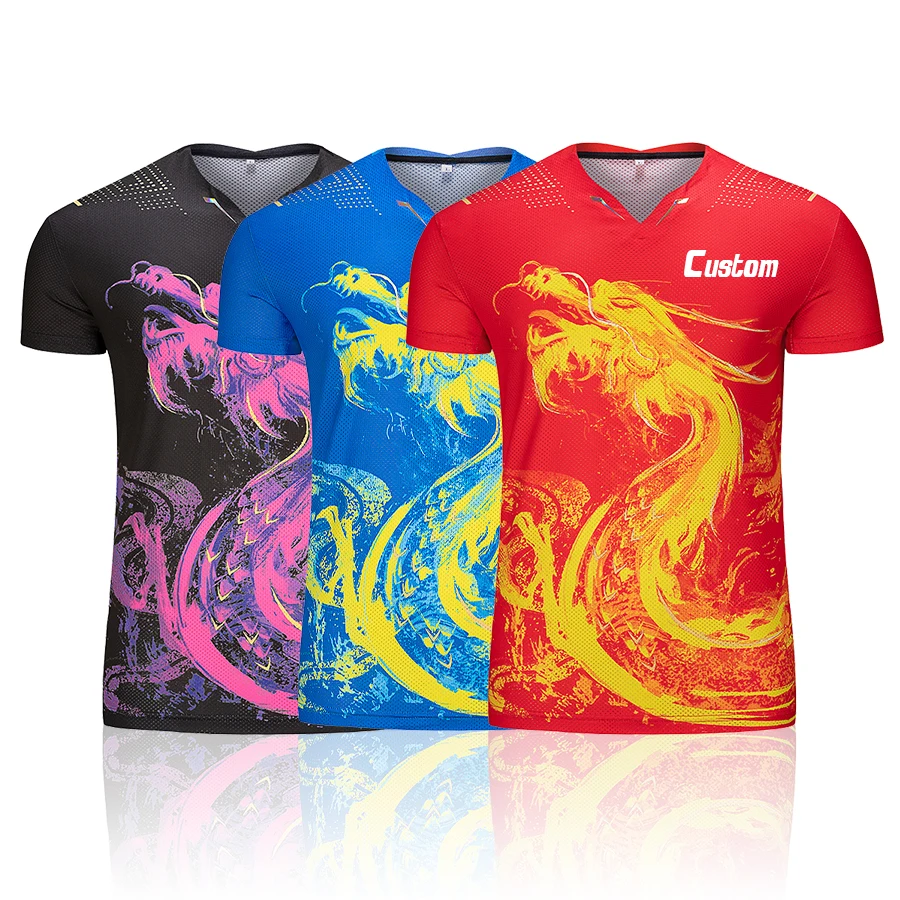 Lidong custom dtg printing Chinese Dragon style sports t shirts Ping-Pong ball team wear mesh fabric moisture wicking t-shirt