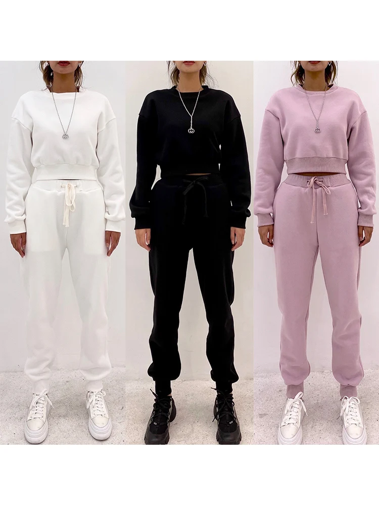 2022 Custom logo Wholesale for Women Crop Top Hoodie and Jogging Pants Set Crop Top and High Waist Pants