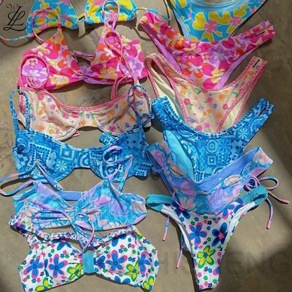 2024 Custom Logo Swimsuit Vendor Private Label Women Swimwear Design Bathing Suit Bikini Custom Logo Flower Printing Bikini Set