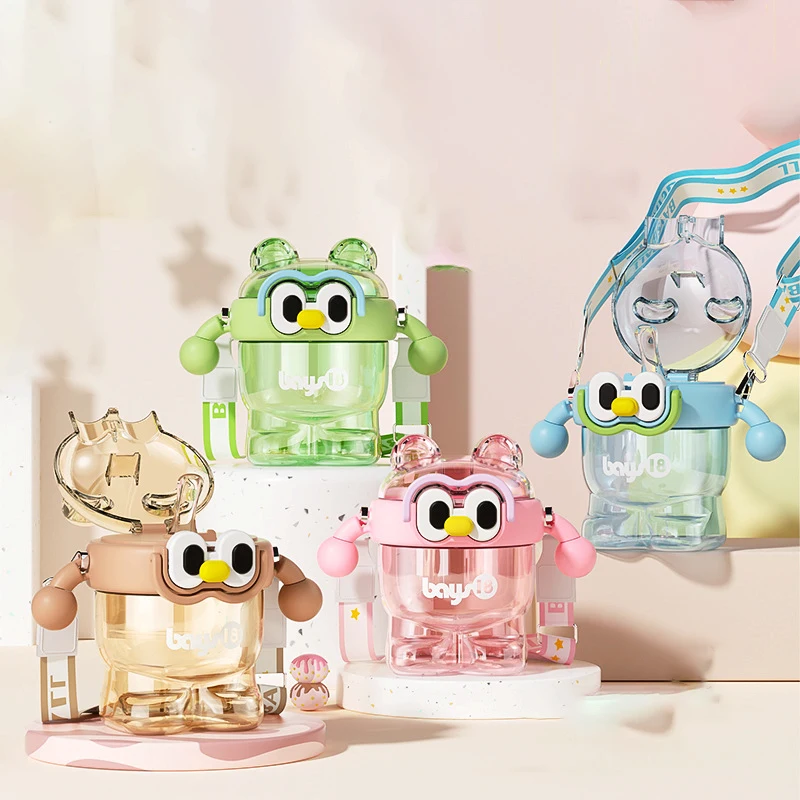 Летние детские пищевые пластиковые чашки 700 мл милые кофейные зерна мультфильм пластиковая бутылка для воды детей с соломенным ремешком