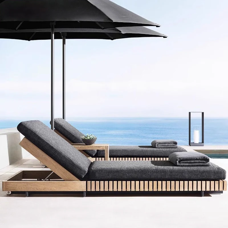 Modern Swimming Pool Chairs Daybed Teak Wood Chaise Outdoor Beach Lounger