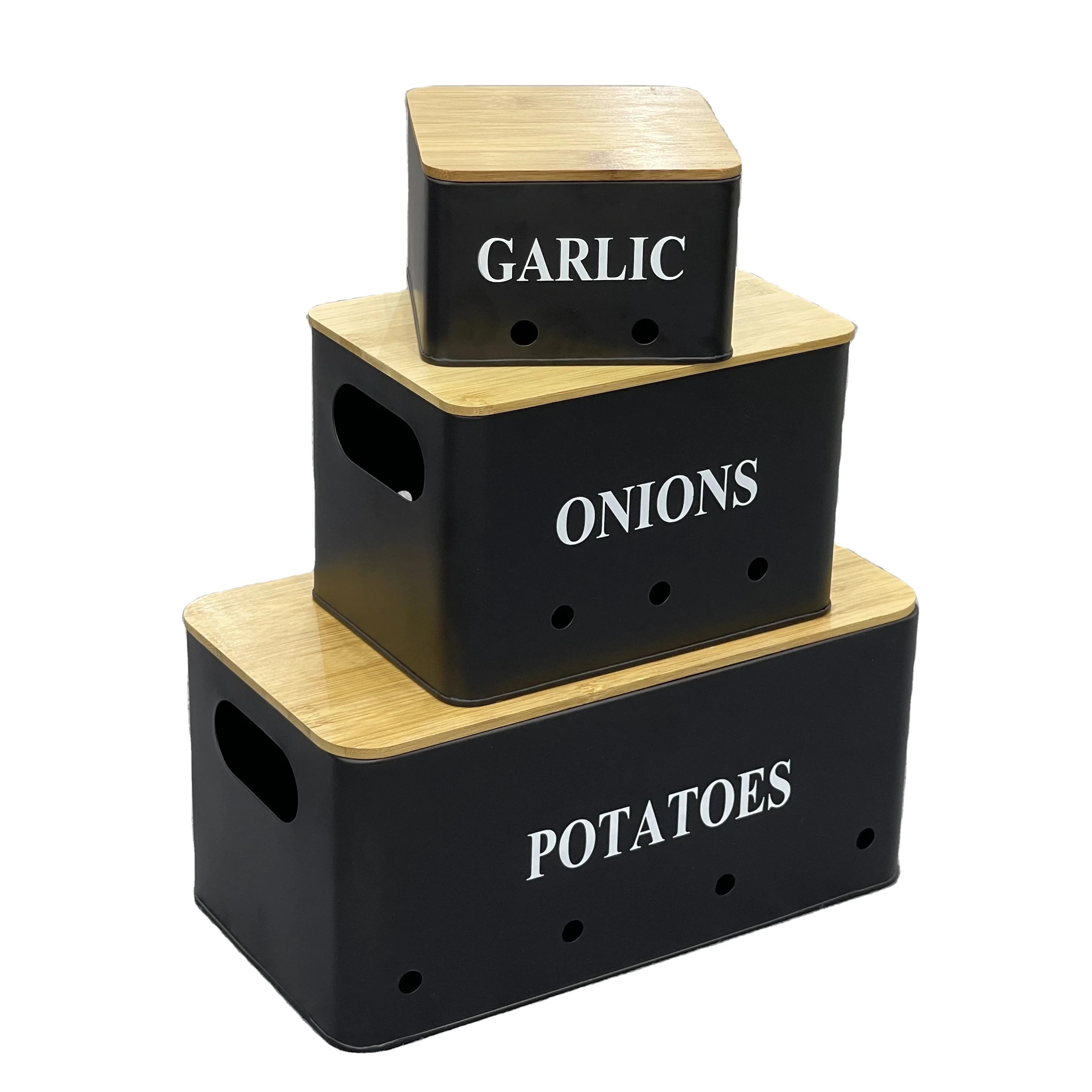 Kitchen farmhouse potatoes onions garlic storage container set bin vegetable box bin food box with bamboo lid