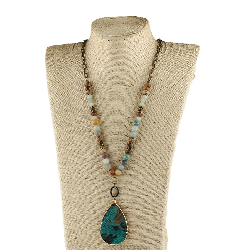 Fashion Women Antique Bronze Rosary Chain Necklace 8mm Natural Stone Link Africa Turquoise Drop Pendant Necklace