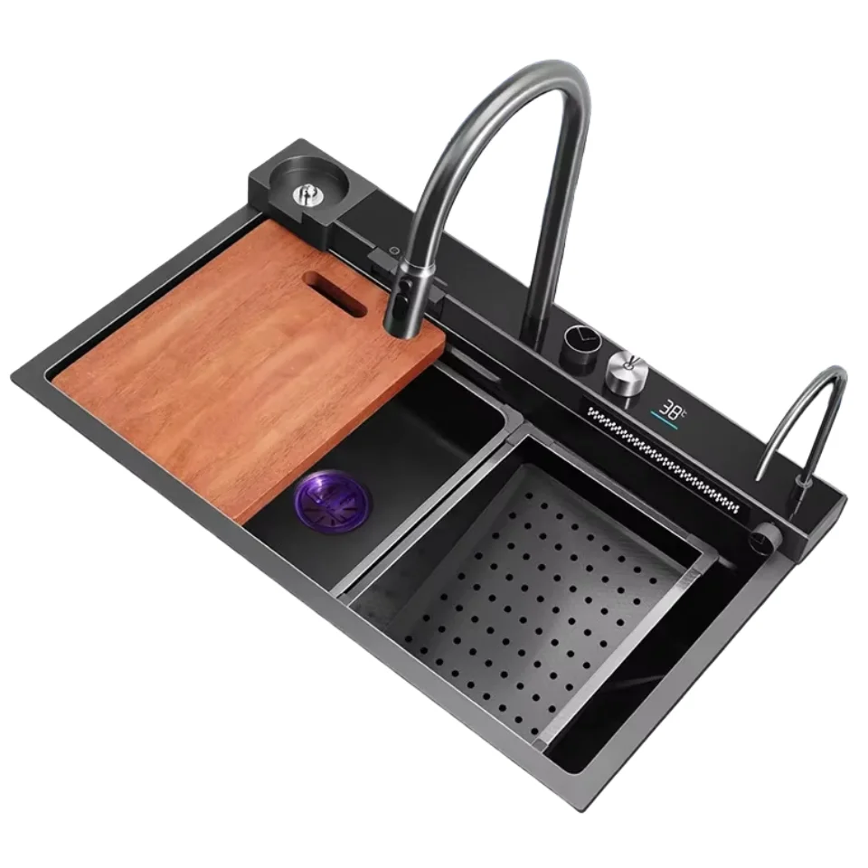 Kitchen Sink with Waterfall Faucet Stainless Steel Large Size Bionic Honeycomb Black Wash Basin Topmount / Apron Front