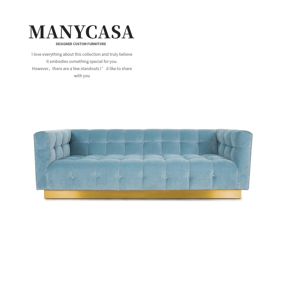 Light Luxury Pink Velvet Fabric Lounge Tufted Sofa Gold Stainless Steel Base Settee Couch For Hotel/Home Furniture