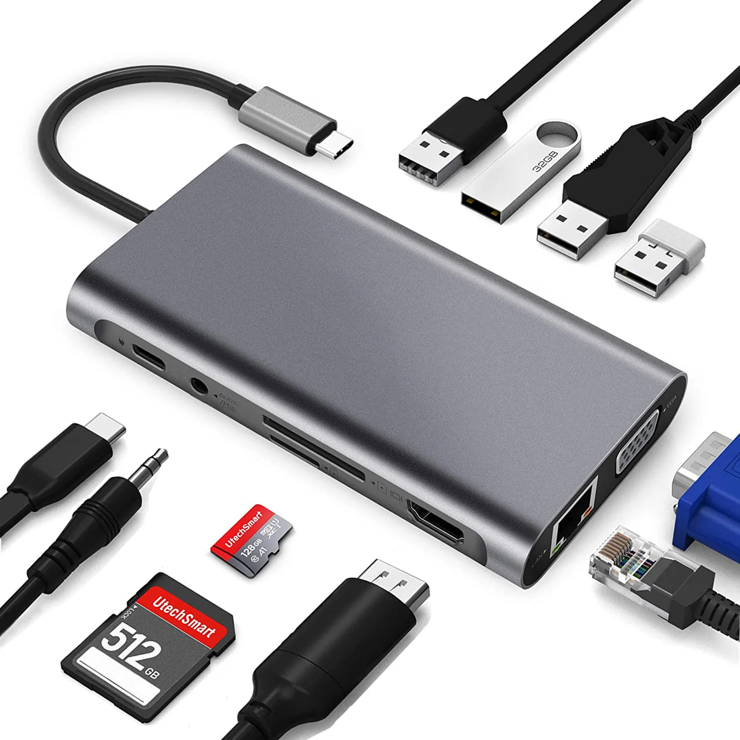 11in 1 USB-C концентраторы многофункциональным док-станция Type C к HDMI VGA 3 5 мм аудио USB3.0 PD зарядки RJ45 SD/TF card reader устройство чтения