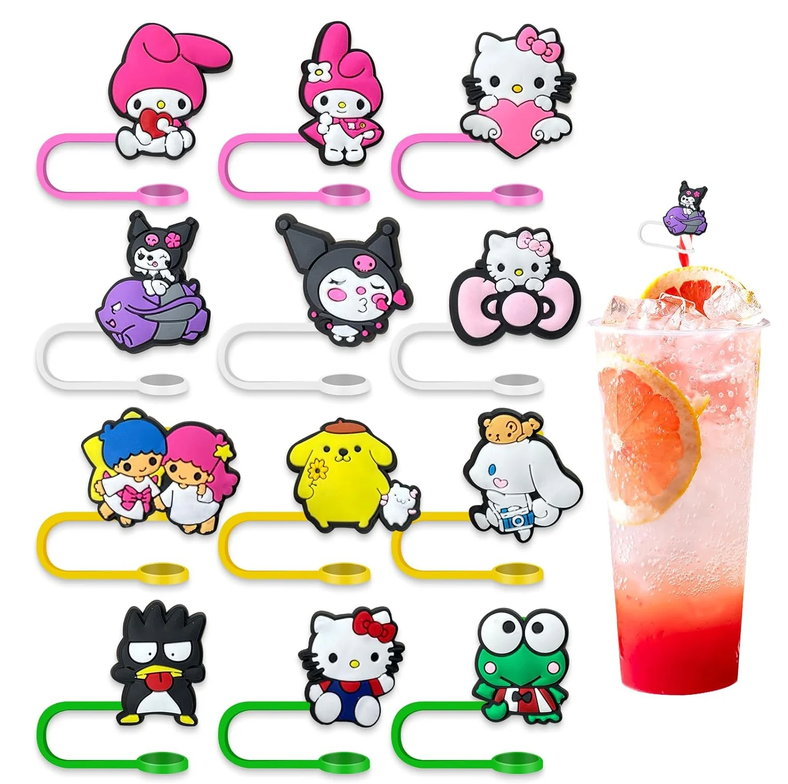 8mm 10mm Silicone PVC Straw Accessories Covers Cap Hello Cartoon Kawaii Kitty Cat Sanrio Straw Topper for Tumbers Wholesale