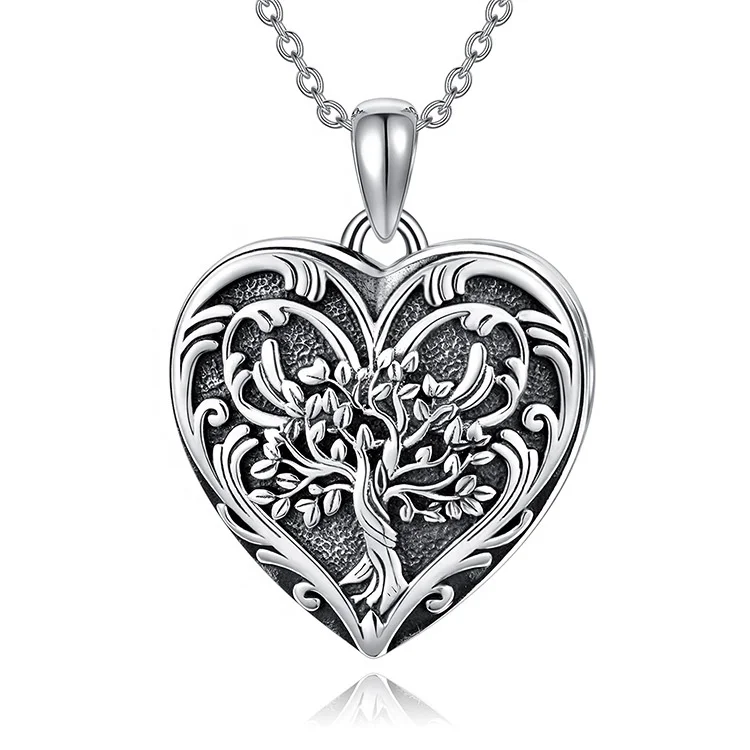 Engraved Logo 925 Sterling Silver  Vintage Style Oxidated Life of Tree Heart Locket Photo Pictures Necklaces
