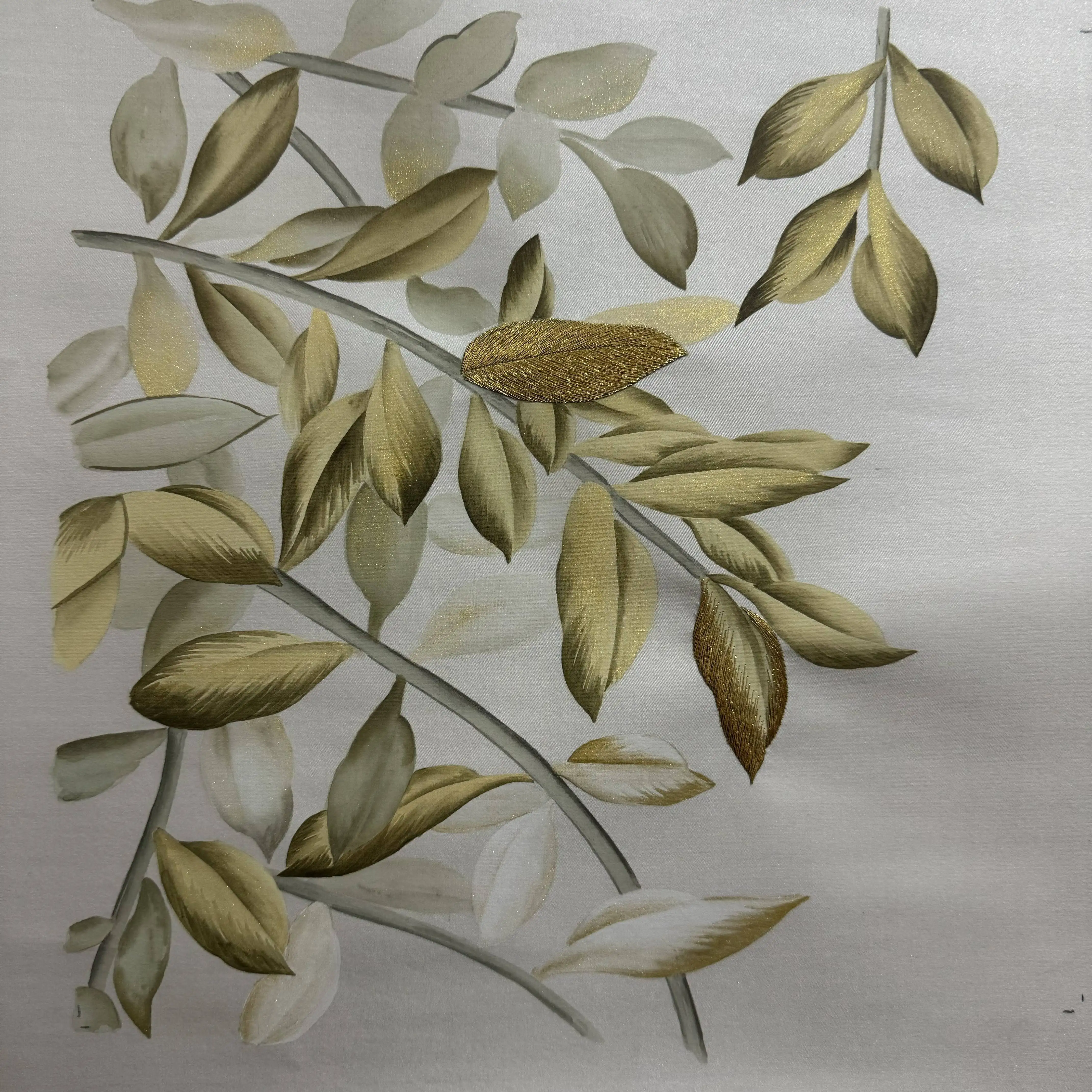 Zhenling Haute Couture Hand Painted Gold Leaf Embroidered Silk Wallpaper for Interior House Wall Decoration
