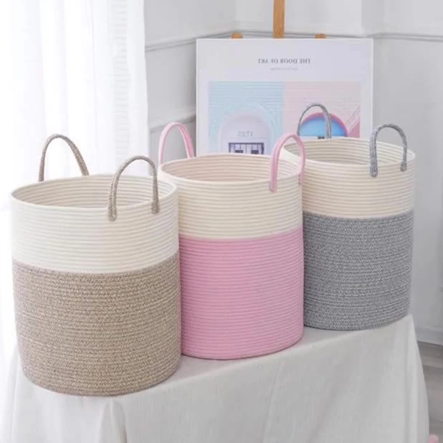 2023 New Woven Basket Blankets Toys Storage Hand Woven Folding Laundry Basket With Handles