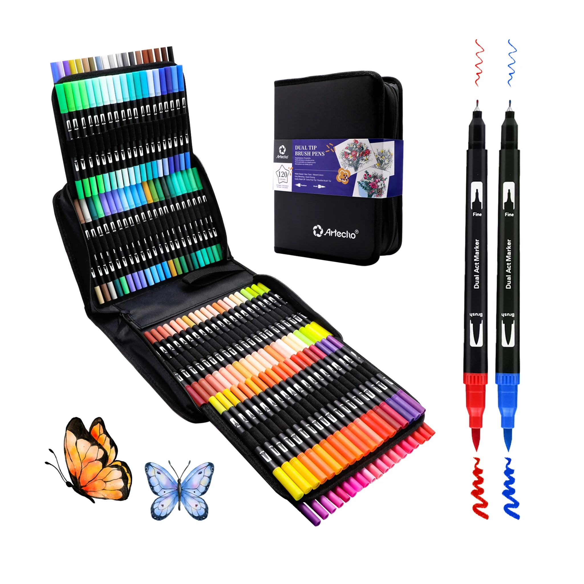 Artecho portable kit 120 vibrant colors Watercolor Brush Pens Brush set, Dual Tip liner Water Color Markers for Drawing