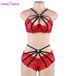 Appealing Lace Back Open Sexy Plus Size Lingerie Hot Fancy Women Sexy Designer Bra and Panty Set