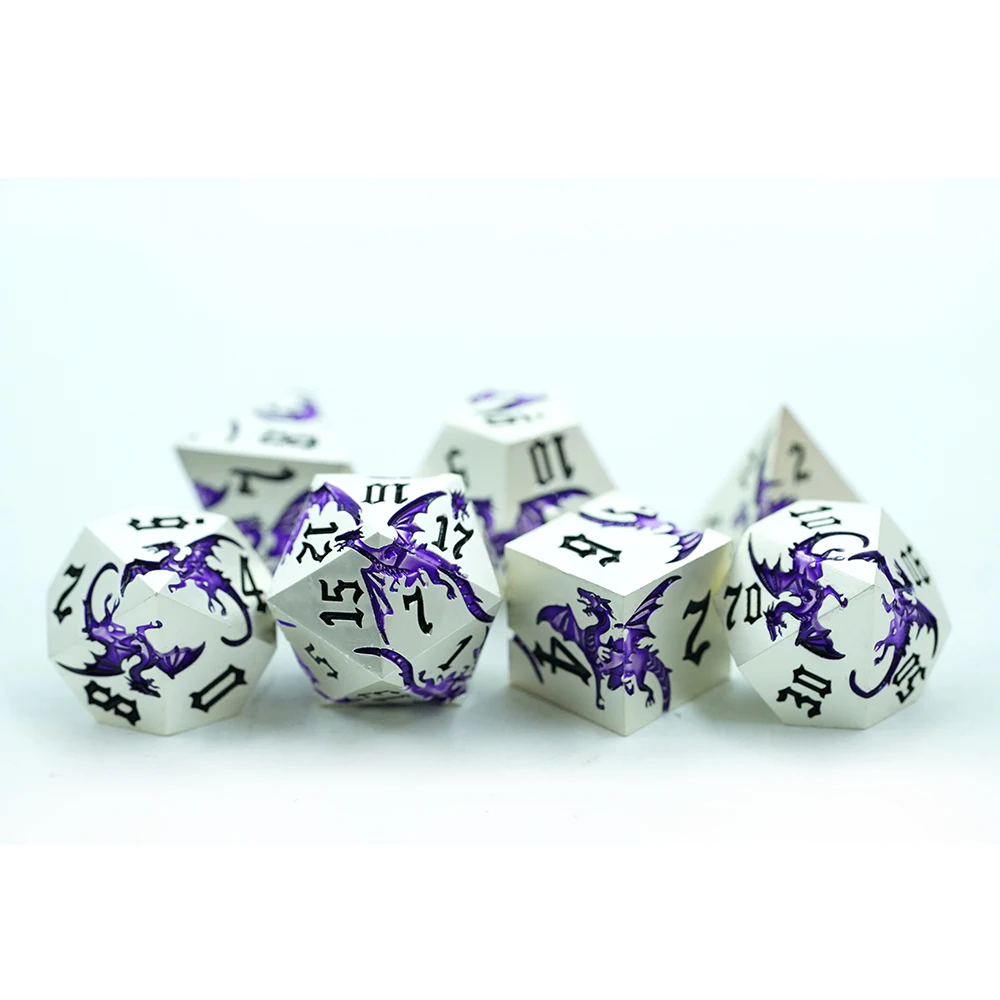 D&d Metal Dice 7 Pcs Dragon Metallic Dnd Dice Set Rpg Gaming Dice For Tabletop Game White With Purple dragon