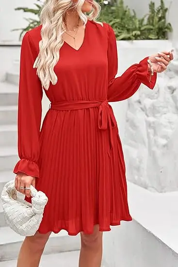 Autumn Print V-Neck Cross-Waist Midi Dress with Flared SleevesPleated Mini Skirt Wedding Guests Beach Outings