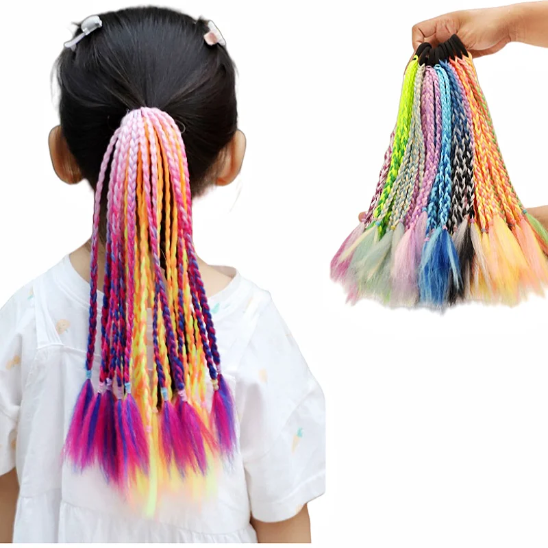 Wholesale Fashion Dirty Braiding Hair Colorful High Temperature Fibre Braided Wigs Princess Shape Ponytails For Kids