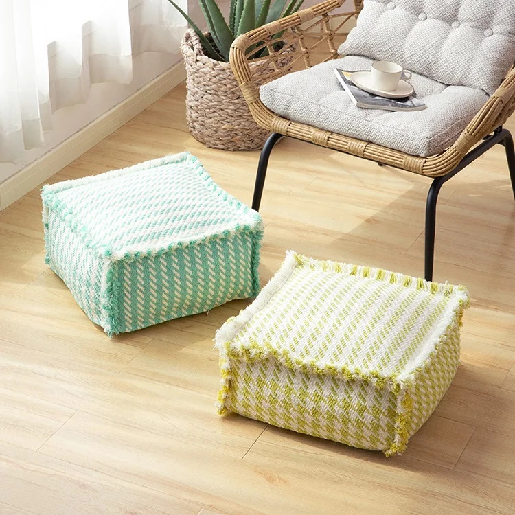 Hot selling farmhouse wholesale machine woven thick fabric living room sofa decor foot stool pouf for kids ottoman fatti a mano