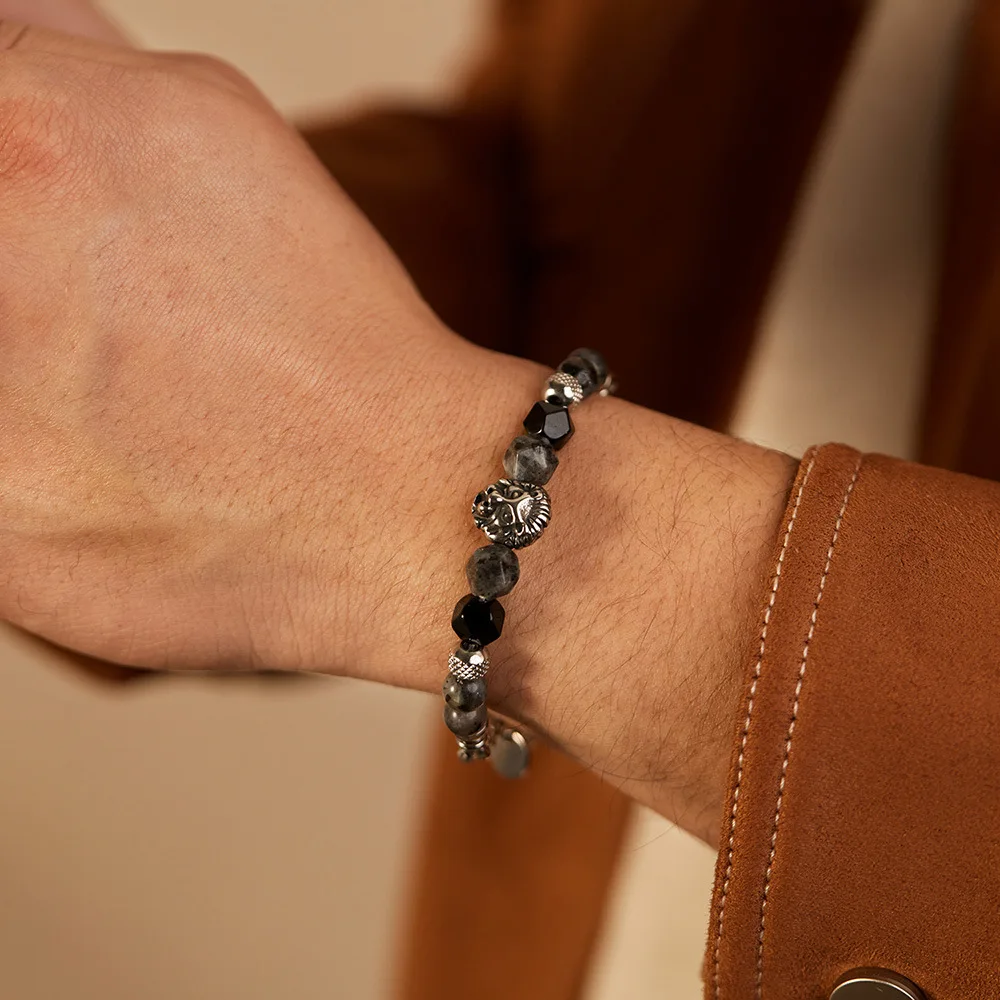 factory stainless steel vintage lion head beads bracelet fashion natural stone beads bracelet hip-hop design for men and women