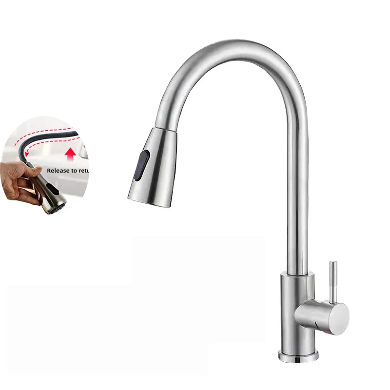 Single Lever 304 Stainless Steel  Kitchen Taps Faucet Pull-Out Retractable Sink Faucet