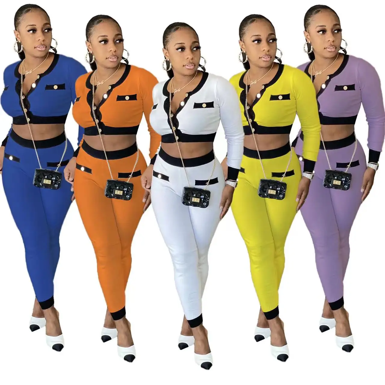 J&H Trending Fashion Clothes Women Fall Two Piece Pants Set Wholesale Womens Luxury Clothing 2021 Casual Crop Tops Pants Set