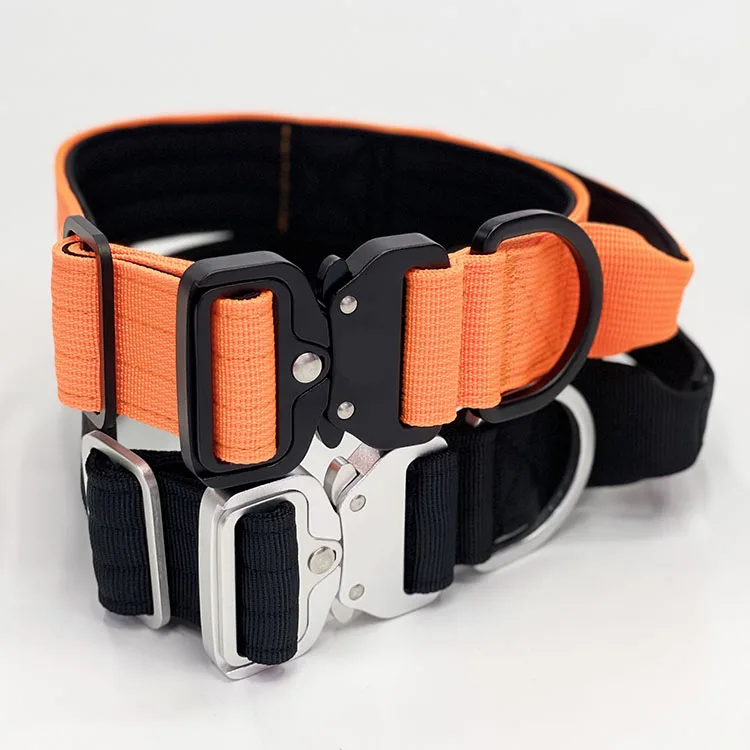 Heavy Duty Nylon Large Combat Dog Collars   Handle and Neoprene Padded with Lighter Metal Buckle