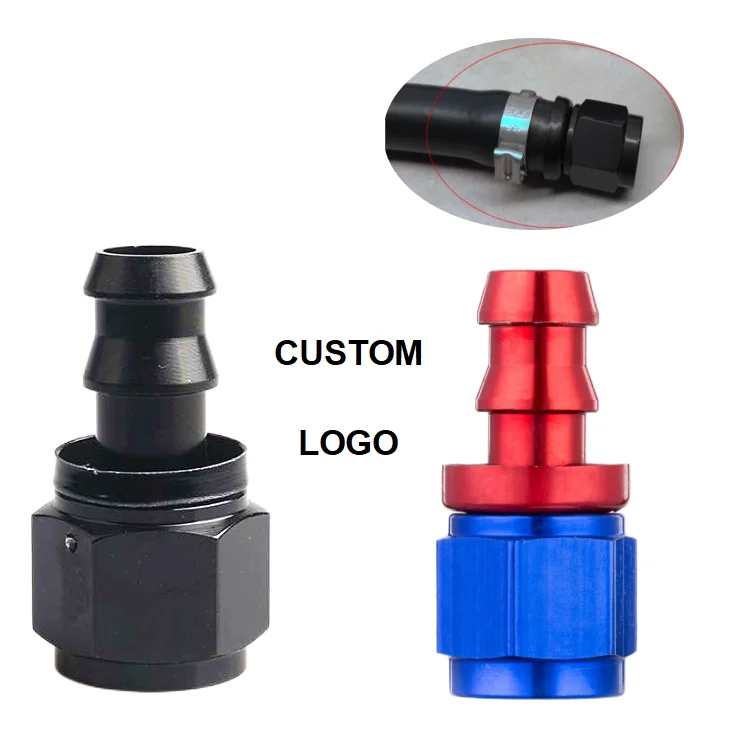 Custom logo black an barb fuel fittings aluminum 5/16 -6 -8 -10 -12an push lock hose end connections for rubber hose lines