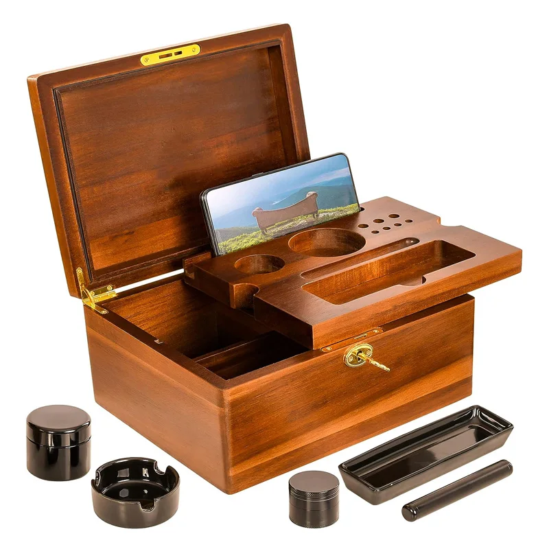 Large Stash Box Acacia Wooden Smell Proof Locking Storage Box with Accessories Removable Wood Tray