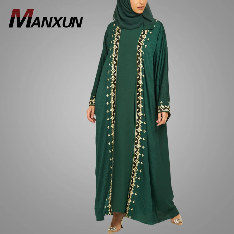 Wholesale High Quality Modest Front Open Abaya Dark Green Embroidery Dubai Style Kimono Abaya Traditional Muslim Women Clothing