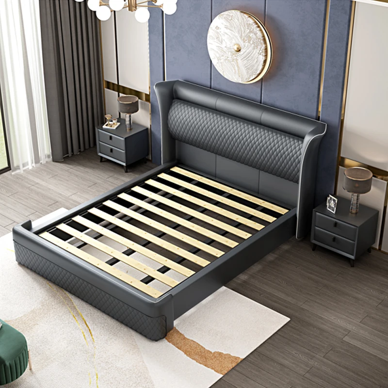 Italy Style Upholstery Stylish Designer Classic Leather Cheap King Size Set Furniture Luxury Bedroom Metal Bed Frame King Size