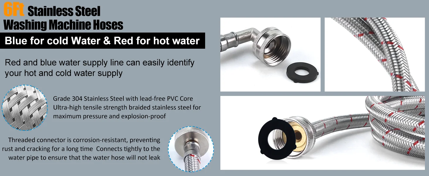 Standard 5 FT 6 FT Stainless Steel Washing Machine Inlet Hoses Hot and Cold Water Braided Hoses
